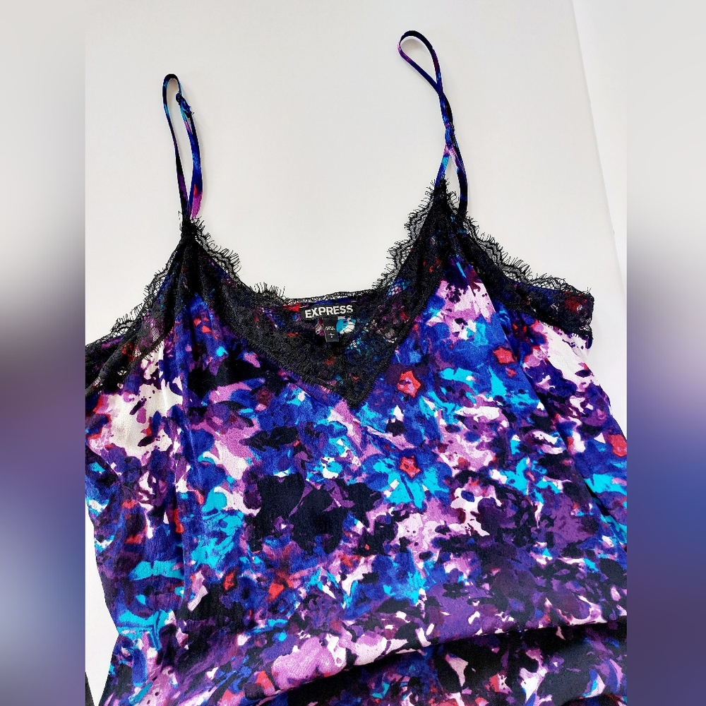 Watercolor Marbled Mini Slip Dress y2k Large Express Lace Accent Mottled‎ Vneck
